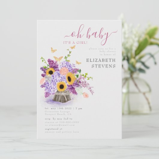 Rustic Lush Sunflower Elegant Girl Baby shower Kaart (Staand voorkant)