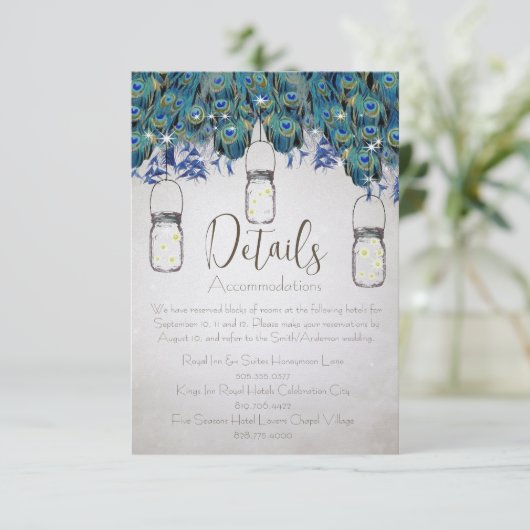 Rustic Luxe Mason Jar Navy Turquoise Peacock Informatiekaartje (Staand voorkant)