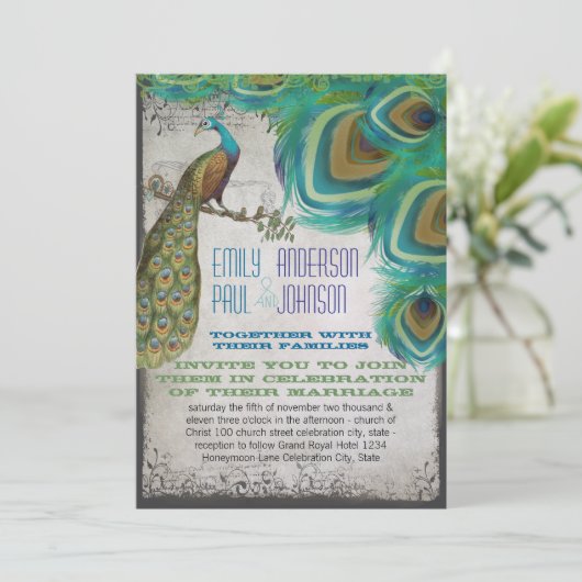 Rustic Luxe Peacock  veren Kaart (Staand voorkant)