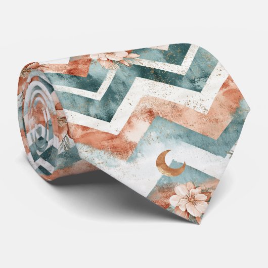 Rustic Maan Bloem Chevron Aards Patroon (4) Stropdas (Opgerold)