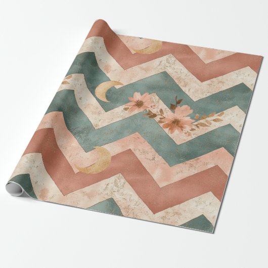 Rustic Maan Bloem Chevron Aards Patroon (6) Cadeaupapier (Uitgerold)