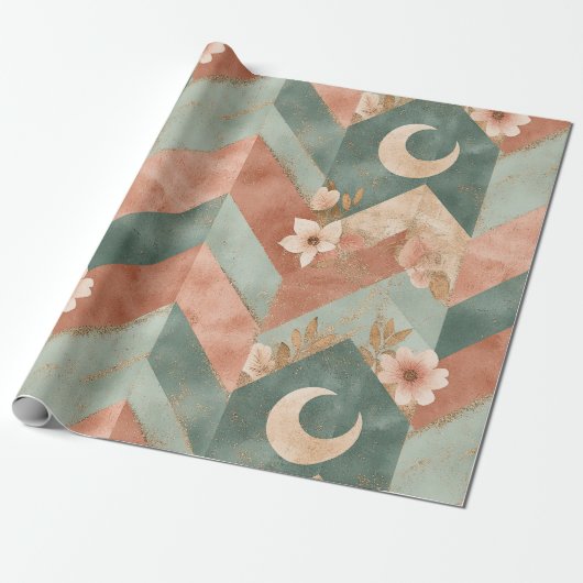 Rustic Maan Bloem Chevron Aards Patroon (7) Cadeaupapier (Uitgerold)