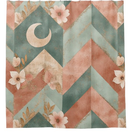 Rustic Maan Bloem Chevron Aards Patroon (7) Douchegordijn (Voorkant)