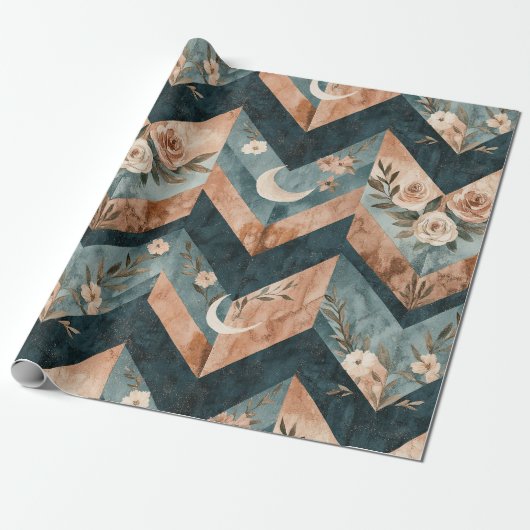 Rustic Maan Bloem Chevron Aards Patroon (8) Cadeaupapier (Uitgerold)