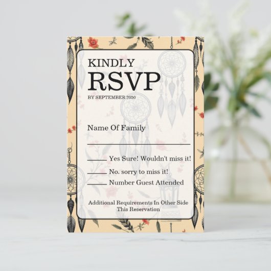 Rustic Macrame Boho Wedding Texture RSVP Kaartje (Staand voorkant)