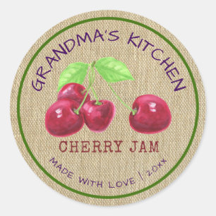 Rustic Made with Love Burlap Cherry Jam Ronde Sticker