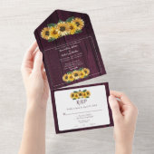Rustic Magenta Sunflower Wedding All In One Uitnodiging (Afscheurbaar)