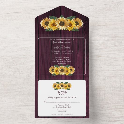 Rustic Magenta Sunflower Wedding All In One Uitnodiging (Binnen)