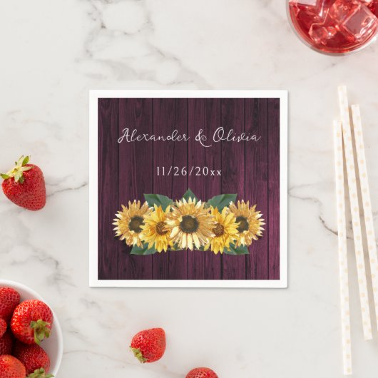 Rustic Magenta Sunflower Wedding Napkins Servet (Insitu)