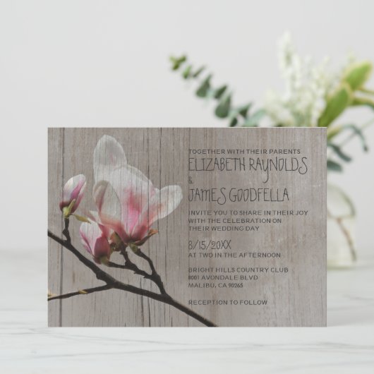 Rustic Magnolia Branch Wedding Invitations Kaart (Staand voorkant)