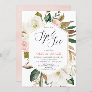 Rustic magnolia floral greenery girl sip kaart
