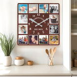 Rustic Mahogany Wood Farmhouse 12 Foto Collage Vierkante Klok<br><div class="desc">Rustic Mahogany Barn Wood Farmhouse 12 Foto Collage Square Wall Clock. Grote,  mooie witte schuur  hout,  op maat gemaakt met de familienaam jaar heeft de klok van het muurdecor vastgezet. De perfecte houten plank zoekt elk huis of keuken.</div>