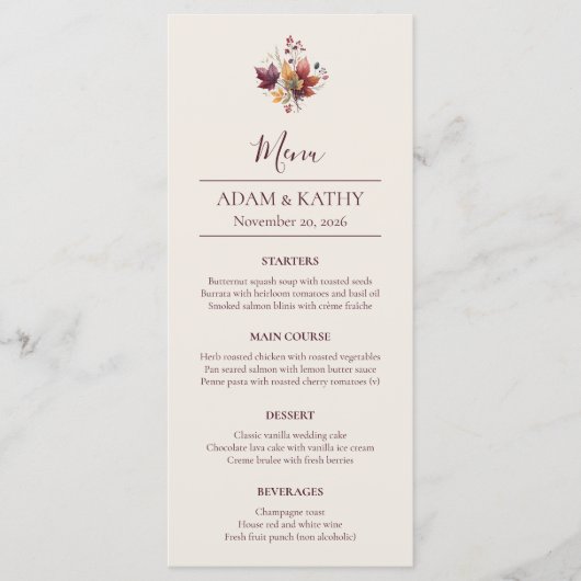 Rustic Maple Leaf Fall Wedding Menu Card (Voorkant)