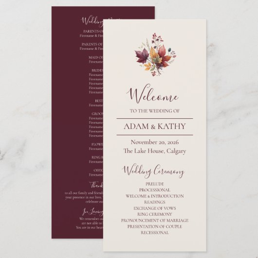 Rustic Maple Leaf Fall Wedding Program Programmakaart (Voorkant / Achterkant)