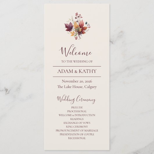 Rustic Maple Leaf Fall Wedding Program Programmakaart (Voorkant)