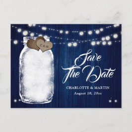 Rustic marineblauwe glazen pot trouw save the date aankondigingskaart