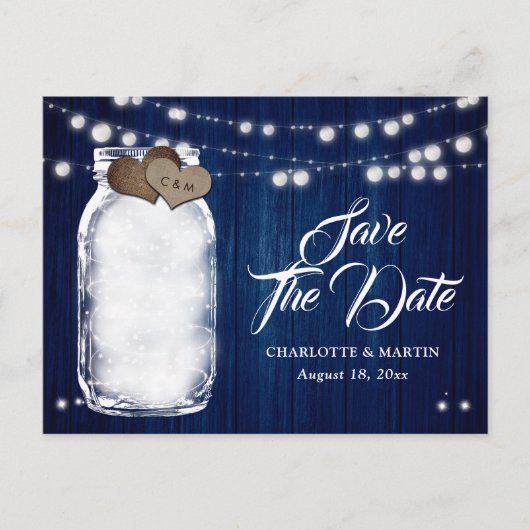 Rustic marineblauwe glazen pot trouw save the date aankondigingskaart (Voorkant)
