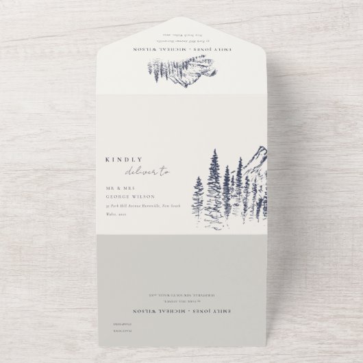 Rustic marinepine Bossen Mountain Sketch Wedding All In One Uitnodiging (Buitenkant)