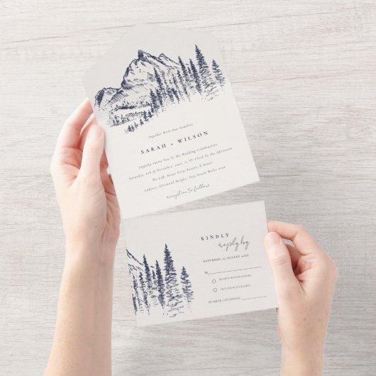 Rustic marinepine Bossen Mountain Sketch Wedding All In One Uitnodiging (Afscheurbaar)