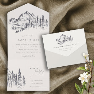 Rustic marinepine Bossen Mountain Sketch Wedding All In One Uitnodiging