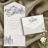 Rustic marinepine Bossen Mountain Sketch Wedding All In One Uitnodiging