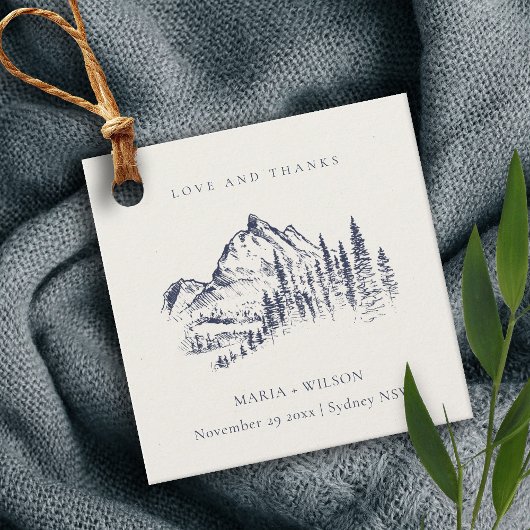 Rustic marinepine Bossen Mountain Sketch Wedding Bedankjes Labels