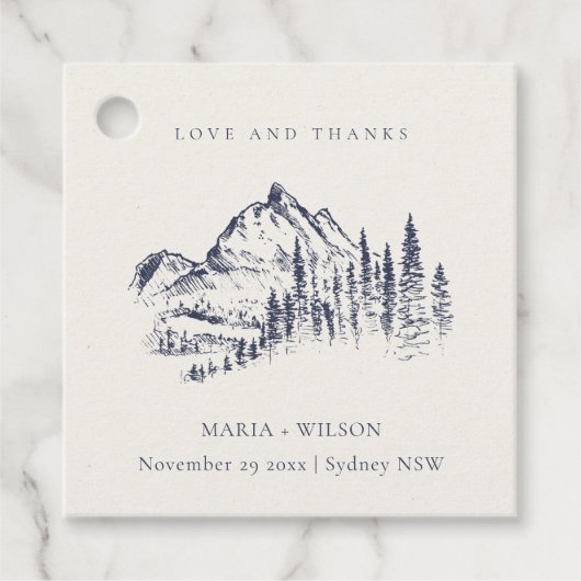 Rustic marinepine Bossen Mountain Sketch Wedding Bedankjes Labels (Voorkant)