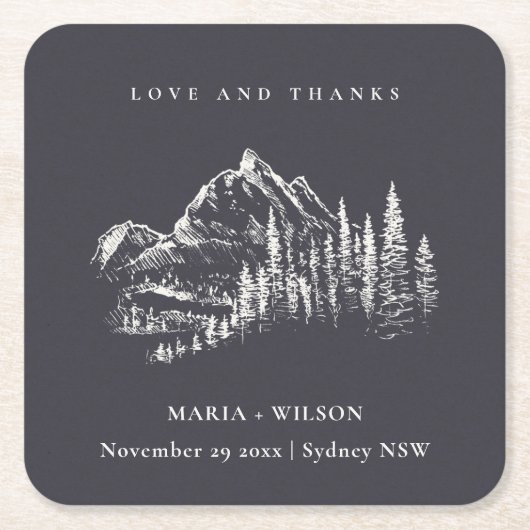 Rustic marinepine Bossen Mountain Sketch Wedding Kartonnen Onderzetters (Voorkant)