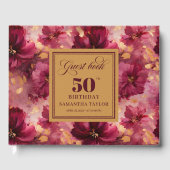 Rustic Maroon Blush Gouden Bloemen 50e Verjaardag Gastenboek (Voorkant)