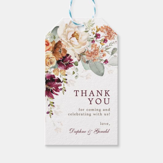 Rustic Maroon Burnt Sinaasappel Floral Vrijgezelle Cadeaulabel (Voorkant)