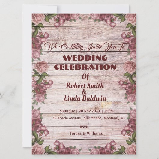 Rustic Maroon Floral Woody Wedding Invitation Kaart (Voorkant)