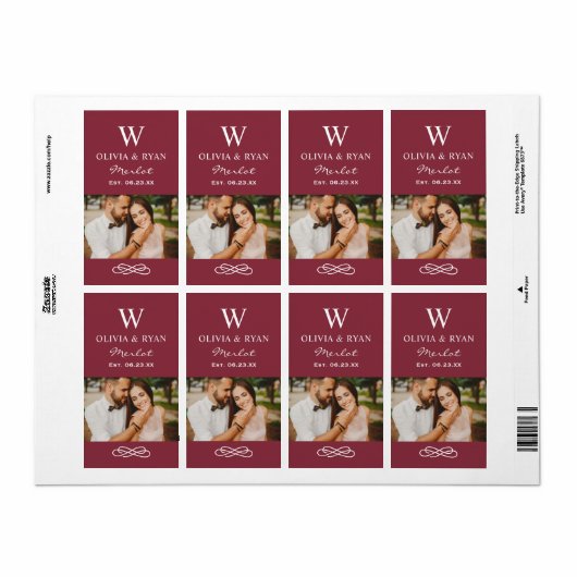 Rustic Maroon Red Wedding Monogram Wine Foto Etiket (Full Sheet)