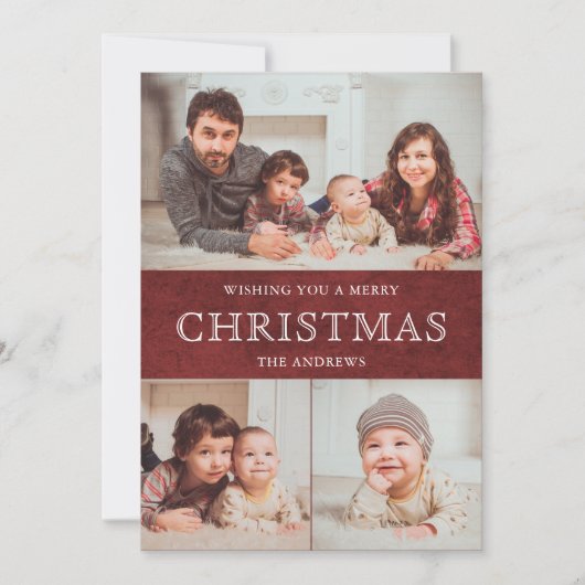 Rustic Maroon Red Winter Kerstfoto Collage Feestdagenkaart (Voorkant)