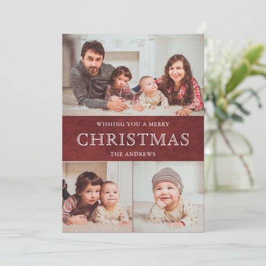 Rustic Maroon Red Winter Kerstfoto Collage Feestdagenkaart (Staand voorkant)