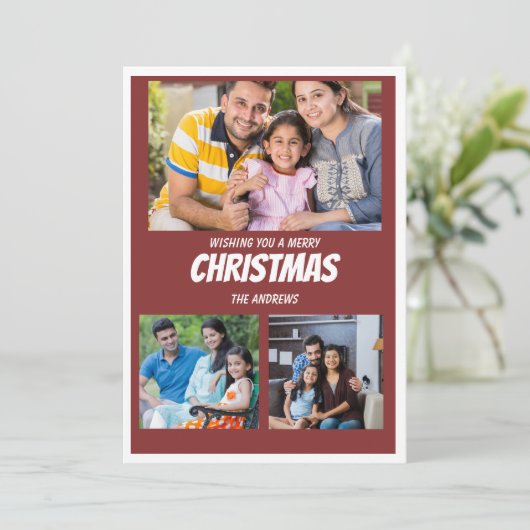 Rustic Maroon Rode Kerstfoto Collage kaart (Staand voorkant)