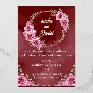 Rustic Maroon Winter Wedding Floral Folie Uitnodig Uitnodiging