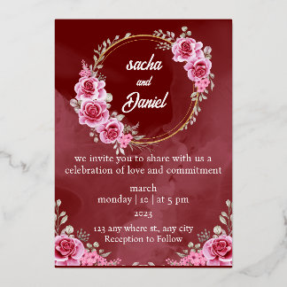 Rustic Maroon Winter Wedding Floral Folie Uitnodig Uitnodiging
