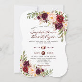 Rustic Marsala Bloemrijke Burgundy Strepen Bruilof Kaart (Voorkant)