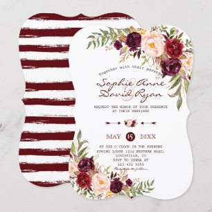 Rustic Marsala Bloemrijke Burgundy Strepen Bruilof Kaart
