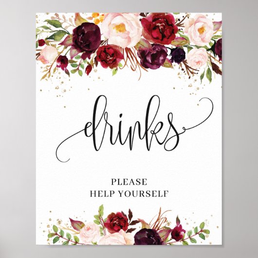 Rustic marsala burgundy floral gold drink sign poster (Voorkant)