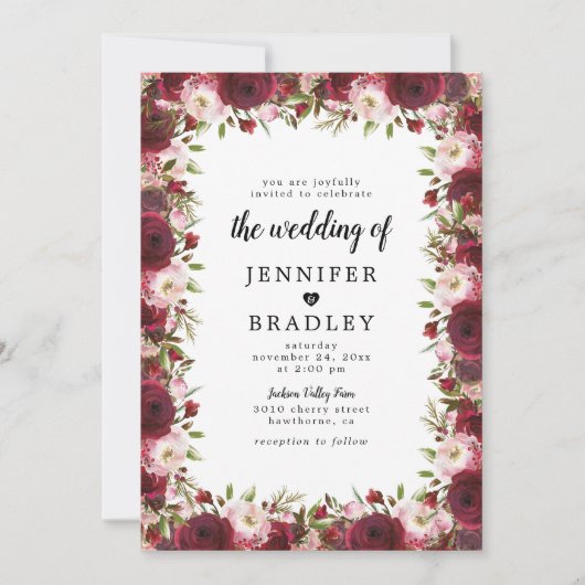 Rustic Marsala Burgundy Flowers Wedding Kaart (Voorkant)