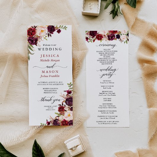 Rustic Marsala Burgundy Wedding Program Programmakaart