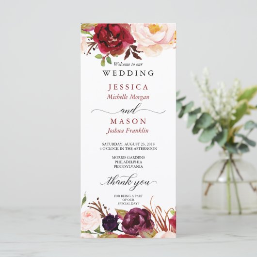Rustic Marsala Burgundy Wedding Programme Programmakaart (Staand voorkant)