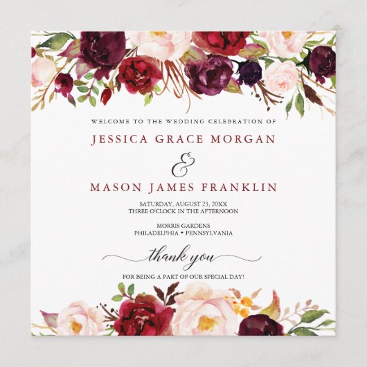 Rustic Marsala Burgundy Wedding Programme Programmakaart (Voorkant)