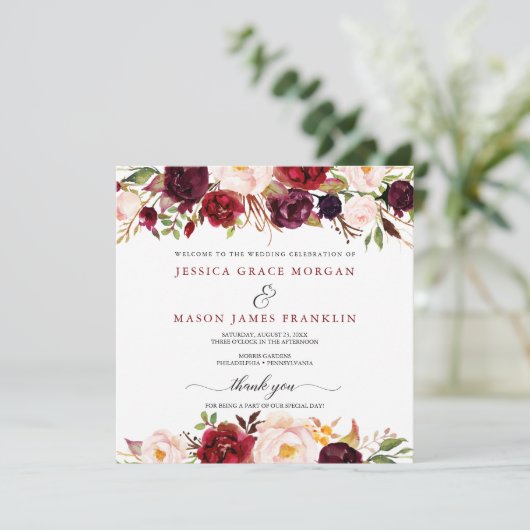 Rustic Marsala Burgundy Wedding Programme Programmakaart (Staand voorkant)