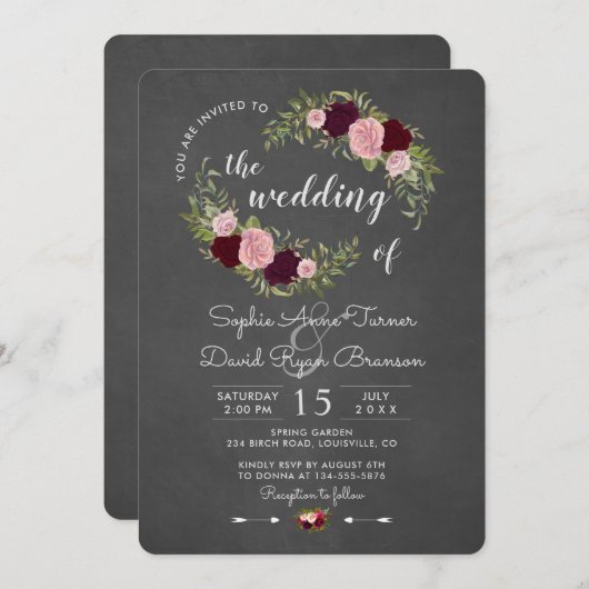 Rustic Marsala Floral Chalkboard Wedding Kaart (Voorkant / Achterkant)