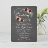Rustic Marsala Floral Chalkboard Wedding Kaart (Staand voorkant)