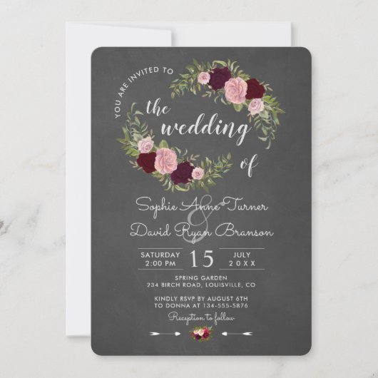 Rustic Marsala Floral Chalkboard Wedding Kaart (Voorkant)