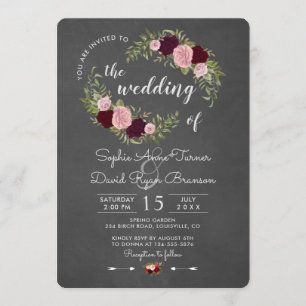 Rustic Marsala Floral Chalkboard Wedding Kaart