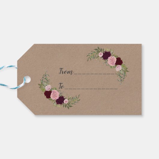 Rustic Marsala Floral Craft Paper Wedding Cadeaulabel (Achterkant Horizontaal)